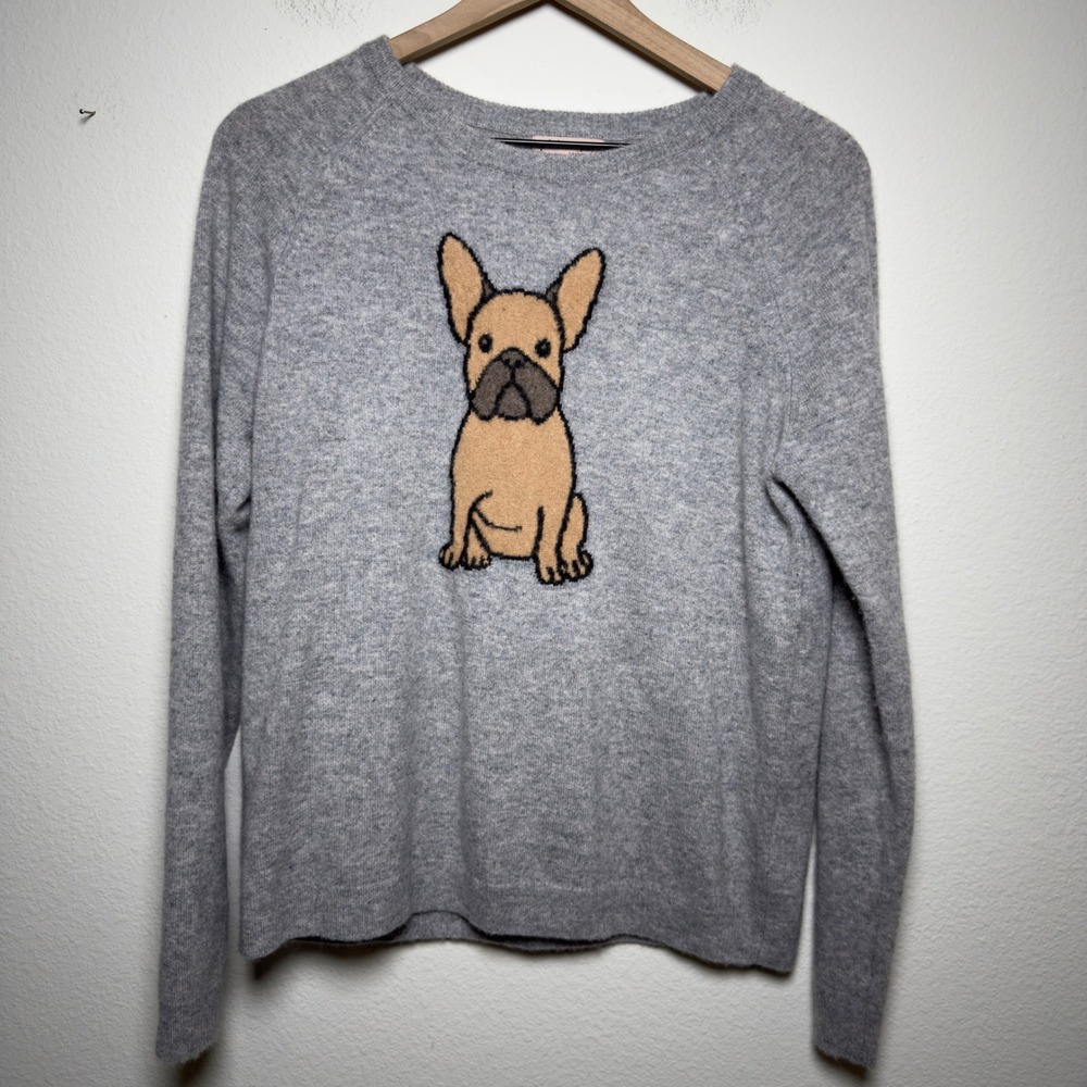 Philosophy Women 100% Cashmere Novelty Dog Sweater Large Gray French Bulldog